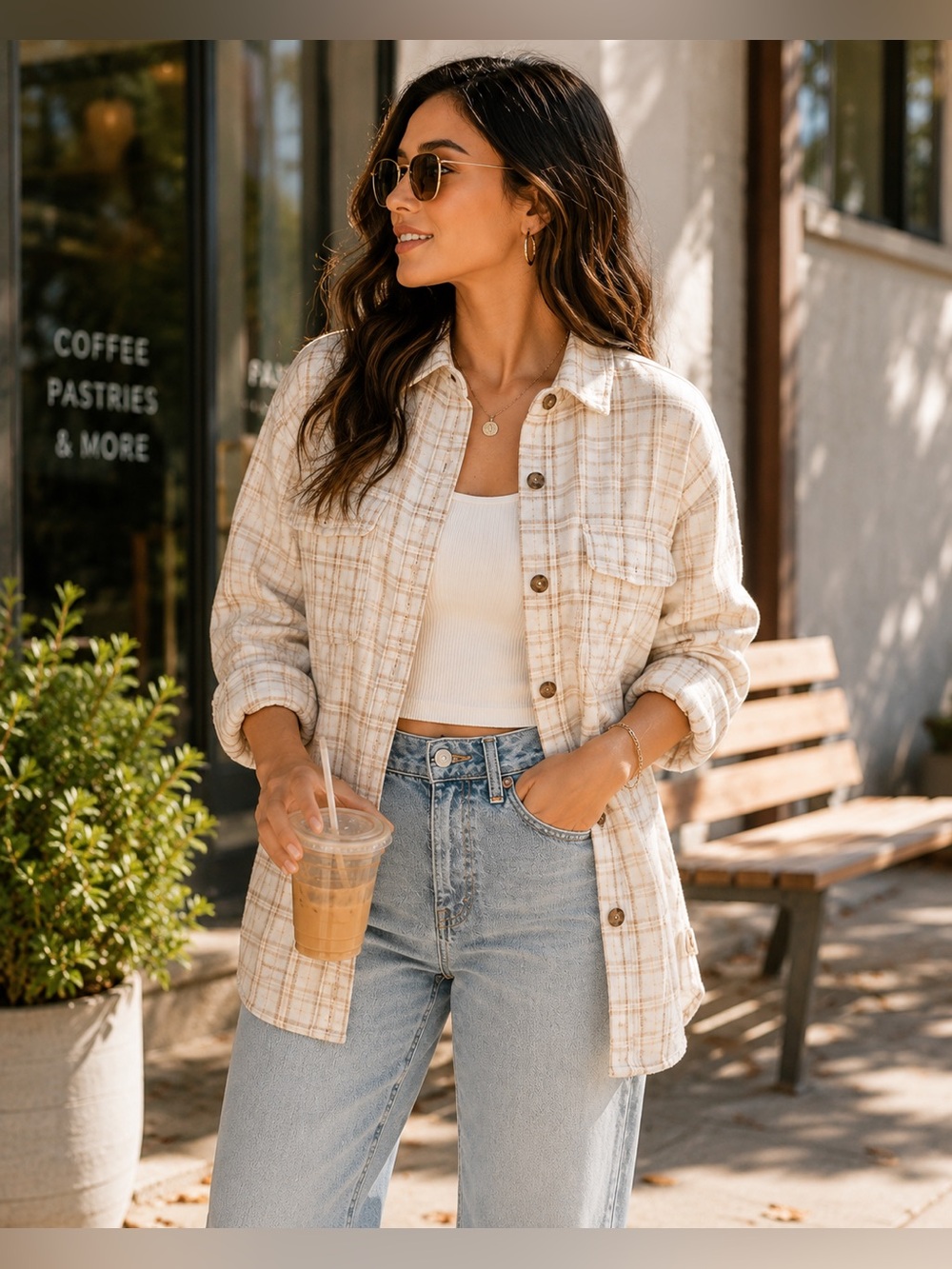 Hollister Boyfriend Plaid Shacket Cream Beige Oversized NWT XS